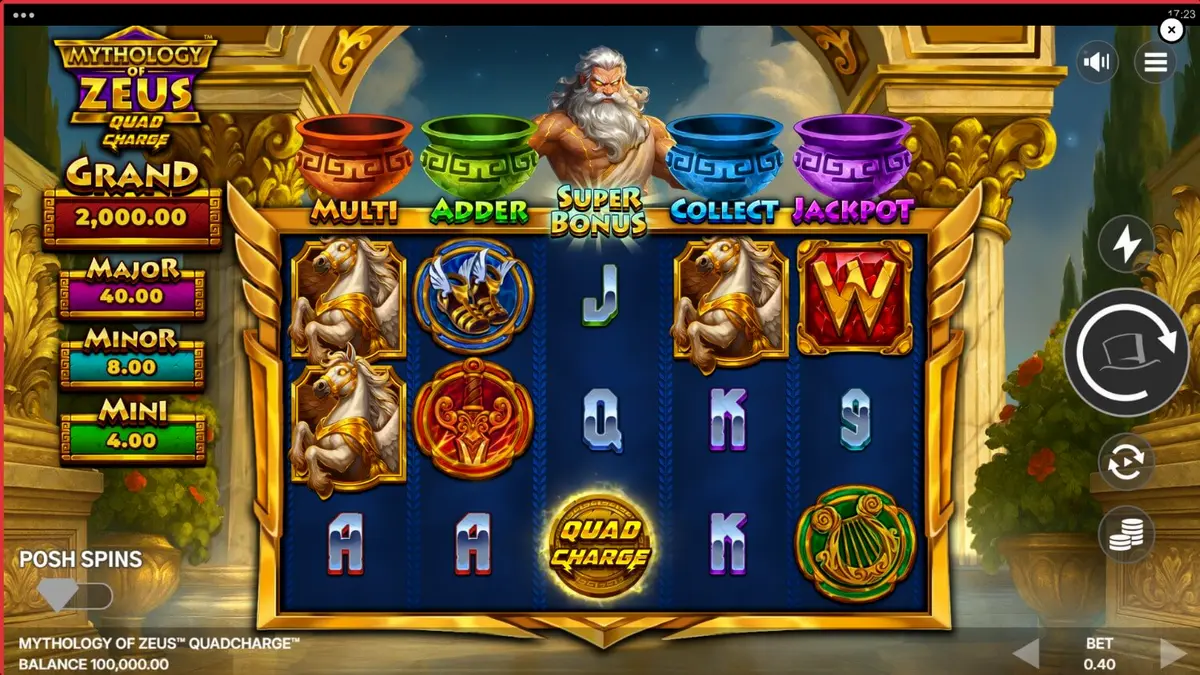 Mythology of Zeus QUADCHARGE slot machine interface