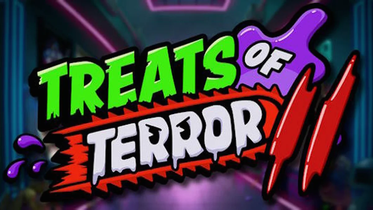 Isang visual na representasyon ng Treats of Terror II slot na nagpapakita ng mga halimaw na pagkain sa isang arcade setting.