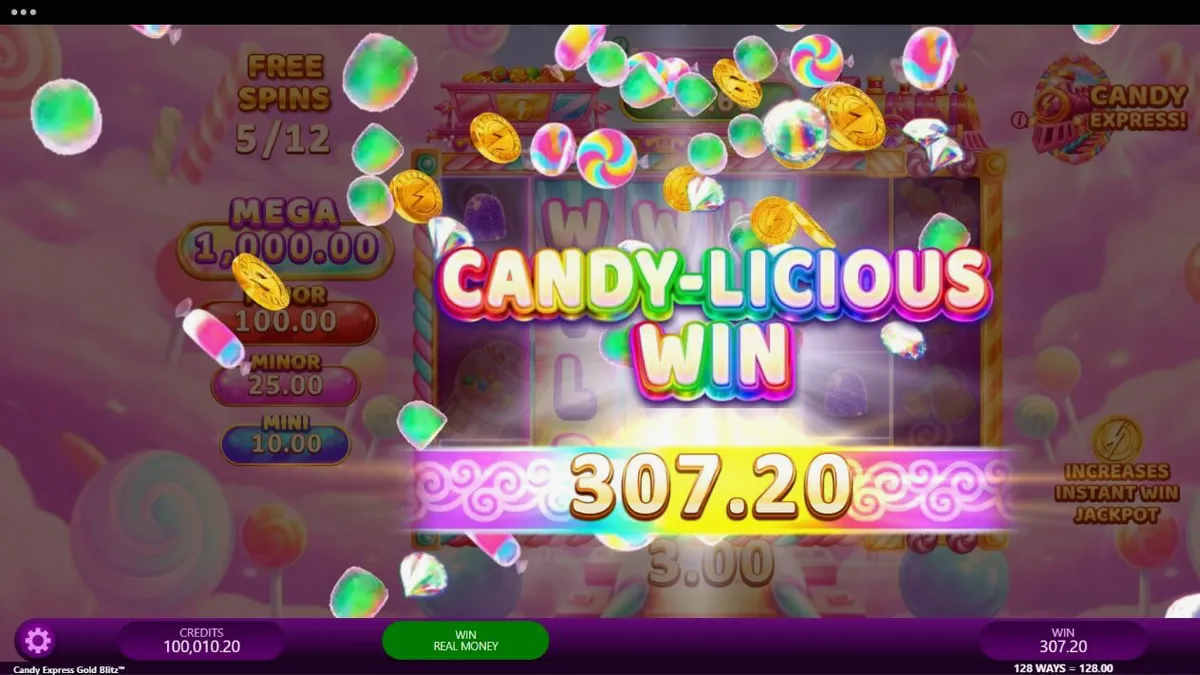 Makulay na disenyo ng Candy Express Gold Blitz slot na may mga kendi at tren